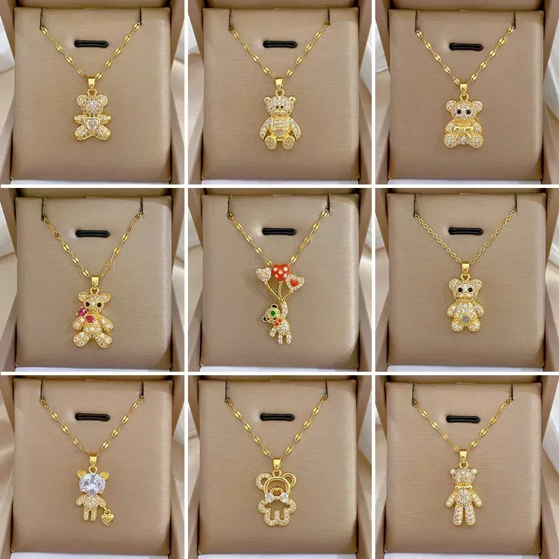 Corrente de aço inoxidável cor dourada, colares com pingente de urso de zircônia brilhante fofo para mulheres e meninas, acessórios de joias de luxo, presente