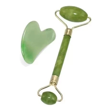 Kit Massageador Jade com Rolo + Placa Facial Gua Sha | Relaxamento e Beleza Natural