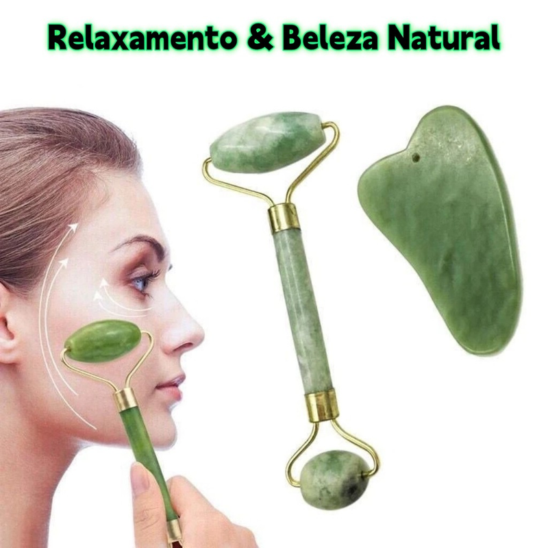 Kit Massageador Jade com Rolo + Placa Facial Gua Sha | Relaxamento e Beleza Natural